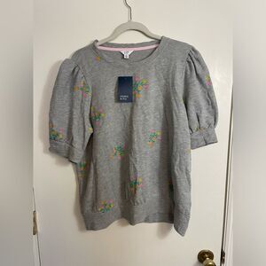 NWT Cottagecore Crown & Ivy Short Sleeve gray Floral Knit /Sweatshirt crew neck